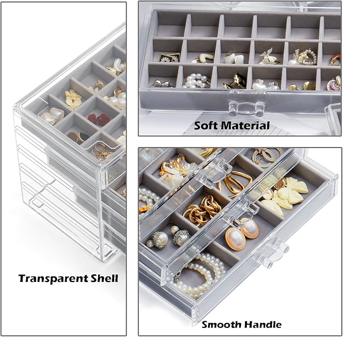 Jewelry Organizer with 5 Drawers Clear Acrylic Earring Display Case Velvet Jewelry Storage Box Display Holder for Earring Ring Bracelet Necklace (Gray, 66 Grids)