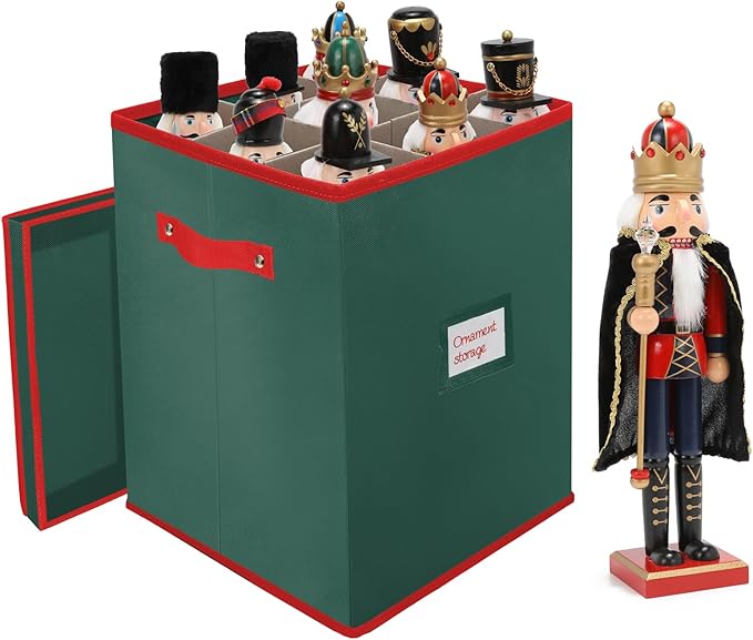Christmas Nutcracker and Figurine Storage Box, Keeps 9 16" Tall Holiday Nutcrackers, Figurines, and More -Xmas Decor Collectible Organizer with Adjustable Dividers, 600D Oxford Fabric Tear-Proof