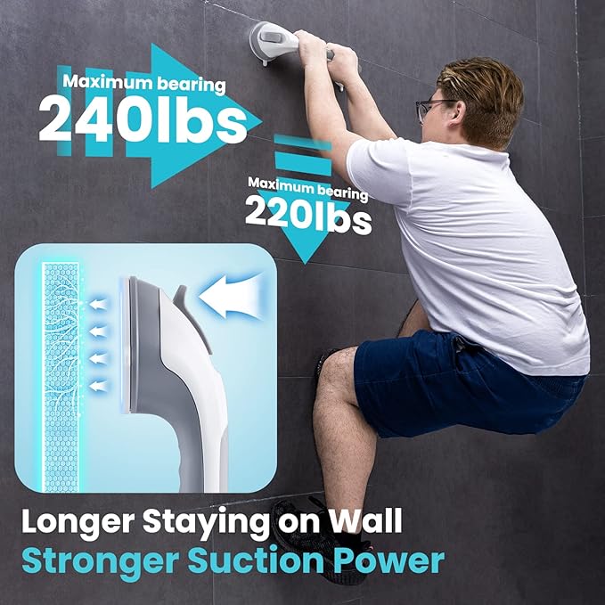 TAILI Shower Grab Bar Glow in The Dark, 16.8 in Grab Bars for Bathtubs, Shower Handles Bath Rails for Seniors and Elderly, Bathroom Safety Grip Removable No Drilling Waterproof Grey