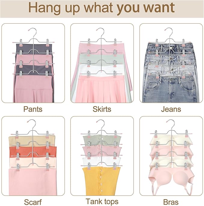 TOPIA HANGER 4 Tier Metal Skirt Hangers for Women, Pants Hanger Space Saving with Adjustable Clips, Gain 70% More Space, Non Slip Grip for Slacks, Trousers, Shorts, Jeans, Towels, Pink, 3-Pack, CT24P