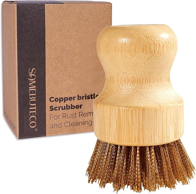 SAMBUTECO Cast Iron Cleaner Scrubber with Copper Bristle Natural Bamboo Handle Heavy Duty Pot Brush for Cast Iron Pans, Cast Iron Skillets Dutch Ovens Pots BBQ Grill Rust Removal and Cleaning