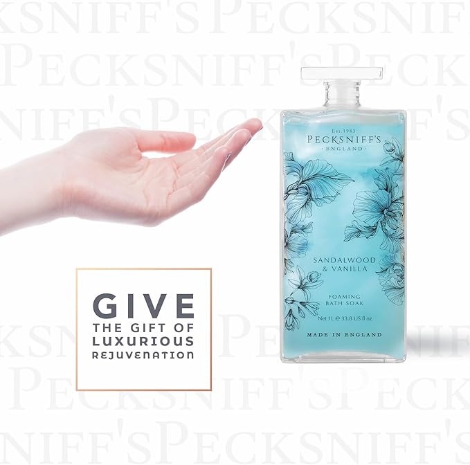 Pecksniff’s Sandalwood & Vanilla Foaming Bath Soak – Luxury Bubble Bath, 1L / 33.8 fl oz, Made in England