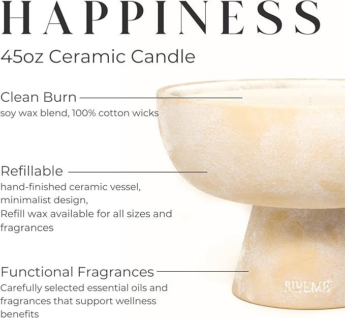 Blueme Happiness Candle | Yuzu & Ginger | 6 Wick - Refillable Wellness Candle with Essential Oils, Hand Finished & Poured Soy Wax Blend Ceramic Vessel, Natural Cotton Wicks | Giant 45 oz
