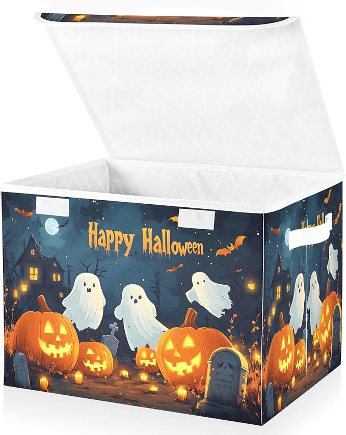 Bolaz Storage Bins with Lids and Handles,Halloween Background with Pumpkins Ghosts and Cemetary Storage Box Storage Basket with Cover Collapsible Organizer Containers for Home Closet, Shelves