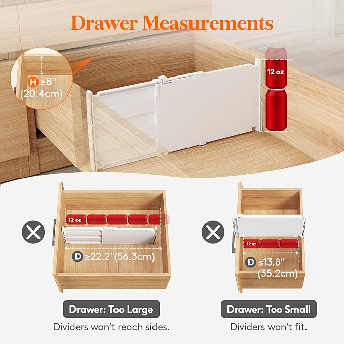 Lifewit 8" High 6 Pack Deep Drawer Dividers, 35 –55cm/13.8-22.5" Adjustable Dresser Drawer Divider, White Drawer Organizer for Clothes, Tall Drawer Separator for Dresser Kitchen Bedroom Cabinet Office