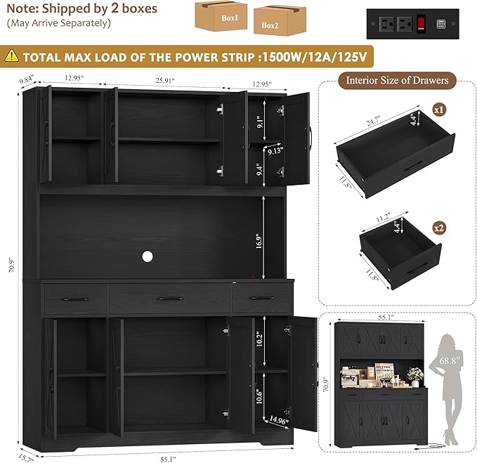 HOSTACK 71" Tall Kitchen Pantry Storage Cabinet with Charging Station, 55" Wide Kitchen Hutch Cabinet with Large Countertop, Farmhouse Food Pantry with Drawers for Living Room, Black Wood Grain
