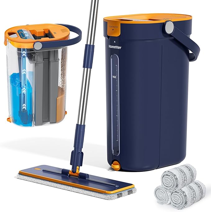 HoMettler Mop and Bucket Set with Wringer, 3-Tank Flat Mop and Bucket System, Wall Mop Cleaner with Long Handle, Hands Free Mops for Floor Cleaning with 4 Microfiber Pads