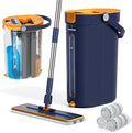 HoMettler Mop and Bucket Set with Wringer, 3-Tank Flat Mop and Bucket System, Wall Mop Cleaner with Long Handle, Hands Free Mops for Floor Cleaning with 4 Microfiber Pads