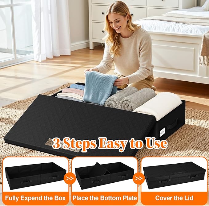StoreHappily Under Bed Storage Containers with Lids - 2 Pack, Foldable and Stackable Clothes Storage Bags with Clear Window, 3-Sided Handles and Label Slot for Clothing, Blankets, Pillows (Black)