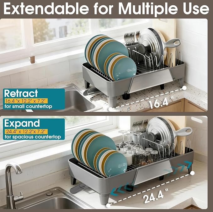FOXHIVE Large Expandable Dish Drying Rack, Dish Racks for Kitchen Counter, Space Saving & Rust Resistant Dish Drainer with Removable Drainboard & Utensil Holder, Adjustable Length 16.4 to 24.4 Inches