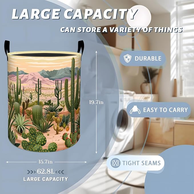 Tall Green Cactus in Vast Desert Laundry Basket with Handles, 19.7"x15.7" Clothes Foldable Laundry Hamper Organizer for Dorm Nursery Bedroom Bathroom Decor, Toy Storage Bin for Kids