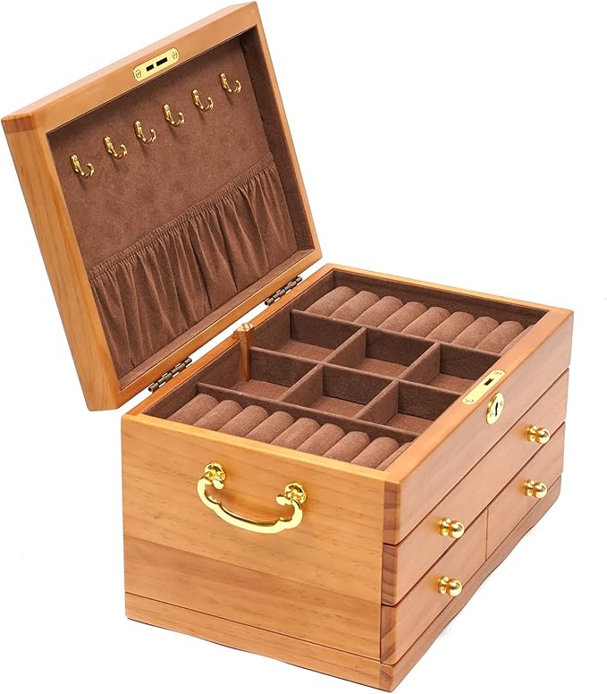 Eapmic Extra Large 3 Layers Wooden Jewelry Box Jewelry Case Cabinet Armoire Ring Necklacel Gift Storage Box Organizer(3 layers,6 built-in hooks)