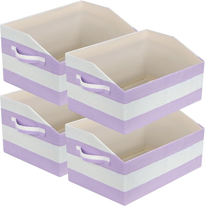 Linen Closet Organizers and Storage, Trapezoid Fabric Bins, Home Office Organization Baskets Striped Collapsible Box with Handles for Clothes, Blanket, Books, DVD, 4 Pack, Purple/White