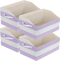 Linen Closet Organizers and Storage, Trapezoid Fabric Bins, Home Office Organization Baskets Striped Collapsible Box with Handles for Clothes, Blanket, Books, DVD, 4 Pack, Purple/White