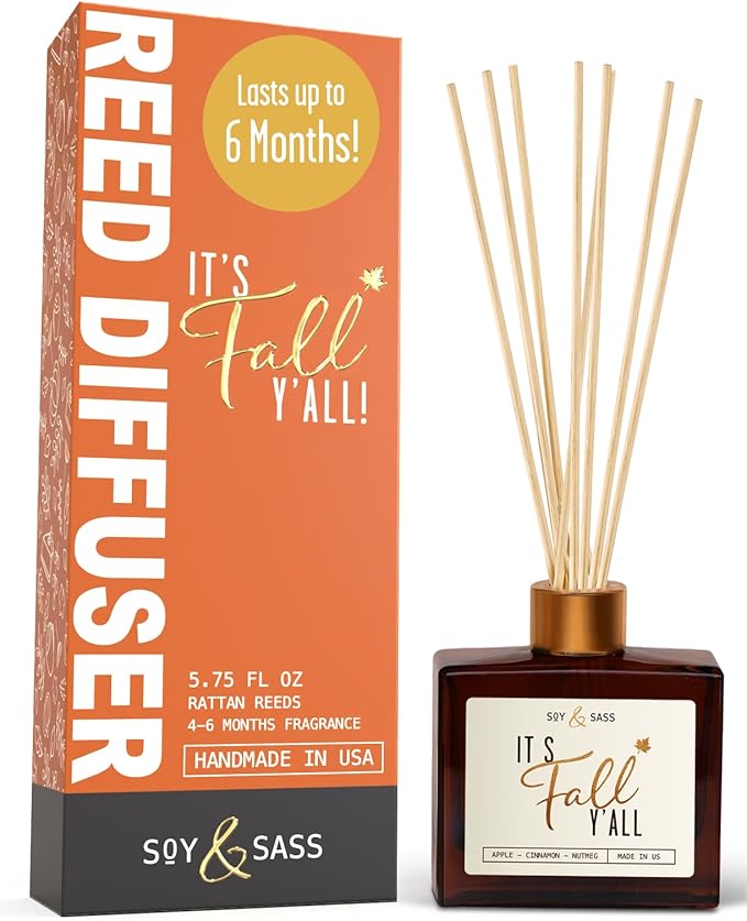 Fall Reed Diffusers for Home Set, Fall Diffuser -It's Fall Y'all! w/Apple, Cinnamon & Nutmeg I Infused w/Essential Oils I Fall Smells for House I 5.75 OZ Oil Scent Lasts 4-6 Month's, Made in The USA