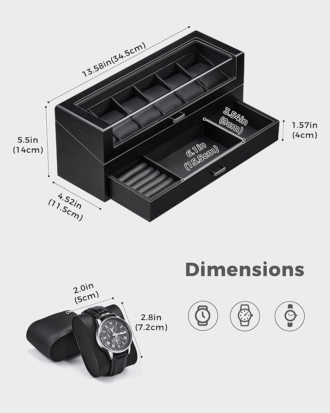 ProCase Wooden Watch Box for Men, Wood Watch Display Case Men's Jewelry Organizer Box with Drawer -6 Slot, Black