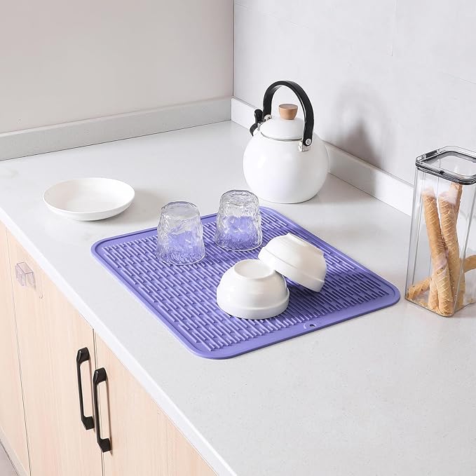 MicoYang Silicone Dish Drying Mat for Multiple Usage,Easy clean,Eco-friendly,Heat-resistant Silicone Mat for Kitchen Counter or Sink,Refrigerator or Drawer Liner Light Purple 2XL 24 inches x 18 inches