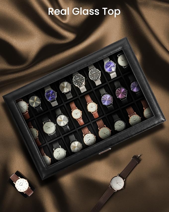 Uten 24-Slot Watch Box, PU Leather Watch Case with Glass Lid, Watch Holder Organizer with Soft Pillow and Velvet Lining, Watch and Jewelry Storage Box