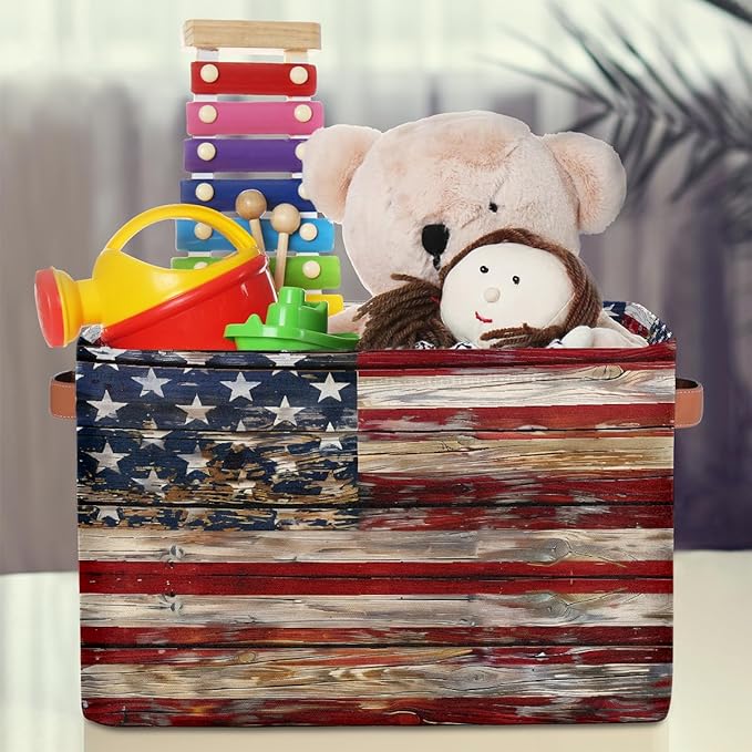 American Flag Storage Basket for Shelves, Storage Bins with Handles, Collapsible Basket for Organizing, Closet Toy Baskets for Nursery Room, 15x11x9.5 in, Canvas, Old Wooden USA Flag