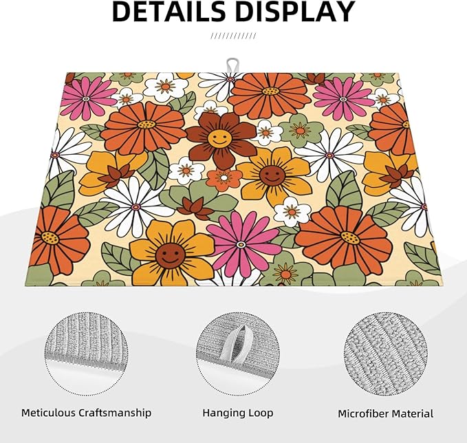 Boho Flowers Dish Drying Mat for Kitchen Counter,Retro 70s Groovy Daisy Dish Mat Microfiber Drying Pad Dish Drainer Mats for Countertop Coffee Bar 18x24 Inch