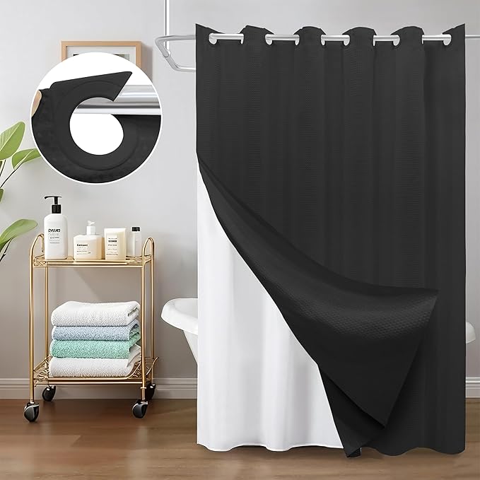 Inhousolu No Hook Waffle Weave Shower Curtain with Removable Snap in Fabric Liner Set for Bathroom, 230 GSM Heavy Duty Weighted Hem, Water Repellent Washable Bath Curtains, 36 x 72 Inch, Black