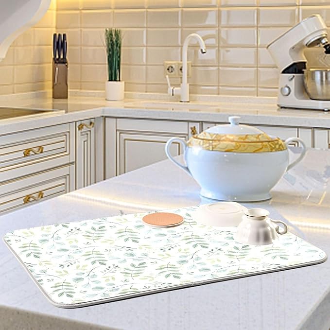 Eucalyptus Leaves Dish Drying Mat for Kitchen Countertop 18x24 Green Large Drying Mat Reusable Quick Dry Dish Sink Mats Easy Clean Decorative Essentials