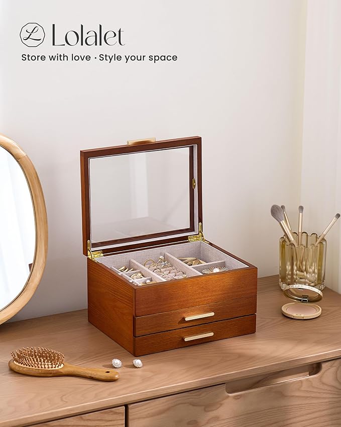 Lolalet Jewelry Box, Clear Window Wood Grain Jewelry Storage for Earrings Bracelets Necklaces Rings, High Capacity Organizer for Women -Cherrywood, 3 Layers