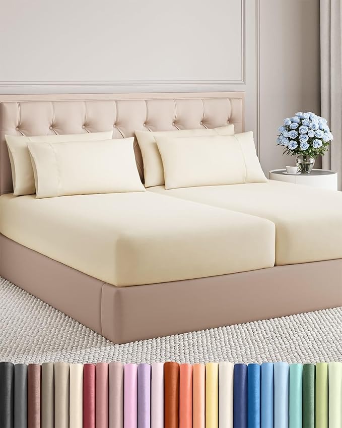 Split King 7 Piece Sheet Set - Comfy Breathable & Cooling - Soft Hotel Luxury Bedding Set with 8-16 Inch Deep Pockets - 1 Flat & 2 Fitted Sheet & 4 Pillowcases - Wrinkle Free & Easy Care - Off White