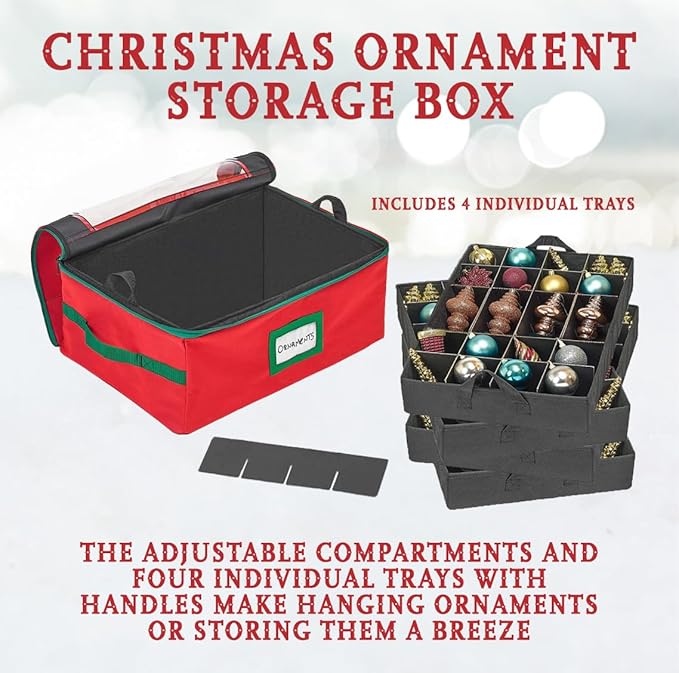 HOLDN’ STORAGE Christmas Ornament Storage Box with Dividers - Fits 96-3” Ornaments, 4 Removable Trays, Durable & Space-Saving, Clear Top Lid, Convenient Storage Designed, Red
