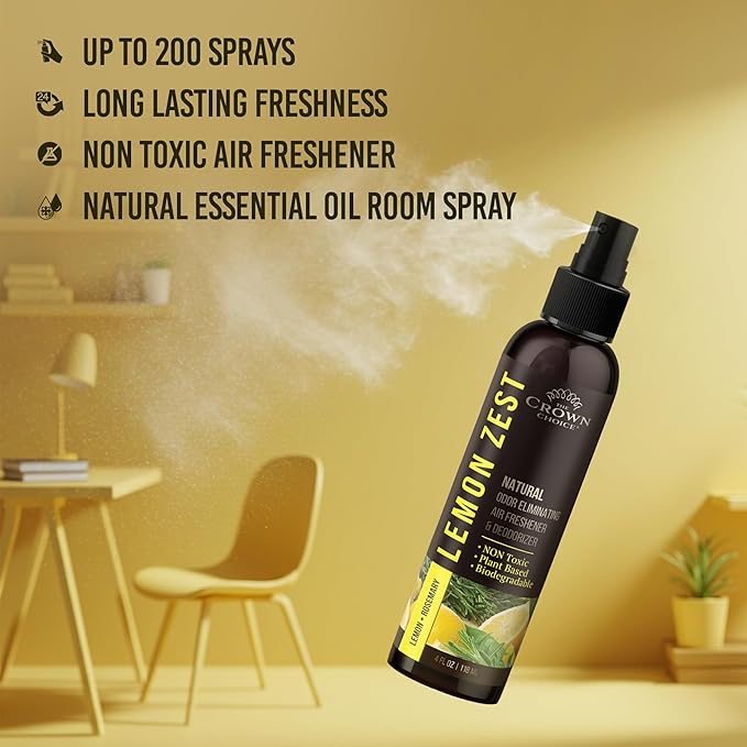 Lemon Zest Natural Air Freshener Spray for Home— Citrus Scent Non-Toxic Odor Eliminator, Long Lasting Freshness — Pet Odor Eliminator, Bathroom Spray, Room Deodorizer—Safe for Kids & Pets - 1PK 4 Oz