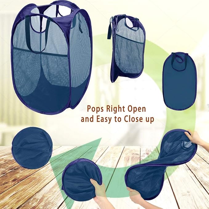 [Reinforced] Strong Mesh Pop-up Laundry Hamper, Quality Collapsible Laundry Basket with Durable Handles Solid Bottom High Carbon Steel Frame, Easy to Open and Fold Flat for Storage(Blue)