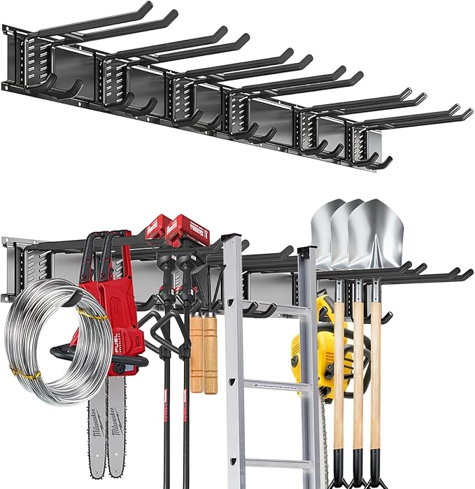 Garage Tool Organizer Wall Mount, 48 inch Garage Wall Organizer, 480lbs Sturdy Garden Tool Organizer with 6 Adjustable Bilayer Hooks, for Yard, Shed, Basement, Workshop(Black)