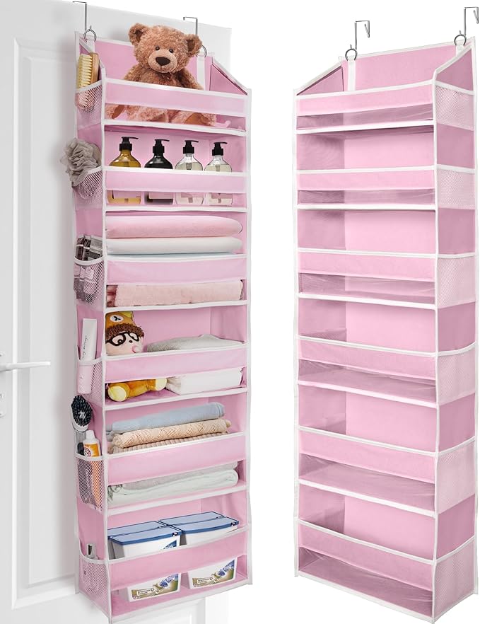 ULG Over The Door Organizer with 6 Large Pockets 12 Side Pockets, 50lbs Weight Capacity Door Hanging Storage Organizer for Bedroom, Bathroom, Pantry, Nursery Storage, Pink