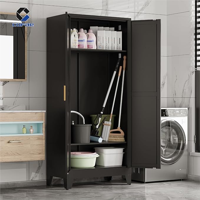 COFaR 71'' Metal Armoire Wardrobe Closet, Steel Wardrobe Cabinet with Adjustable Hanging Rod and Shelves, 2 Doors Farmhouse Closet Storage for Bedroom Garage Laundry, Black Roperos para Guardar Ropa