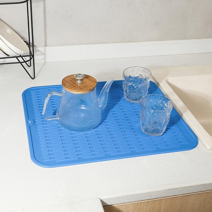 MicoYang Silicone Dish Drying Mat for Multiple Usage,Easy clean,Eco-friendly,Heat-resistant Silicone Mat for Kitchen Counter or Sink,Refrigerator or Drawer Liner Lichen BlueL XL 18 inches x 16 inches