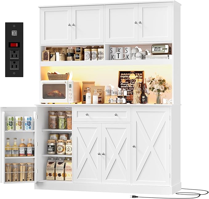 HIFIT 72.8” Tall Kitchen Pantry Cabinet with LED & Charging Station, 55” Wide Farmhouse Pantry Storage Cabinet with Microwave Stand&Shelves&Barn Doors, Kitchen Hutch Coffee Bar for Living Room, White