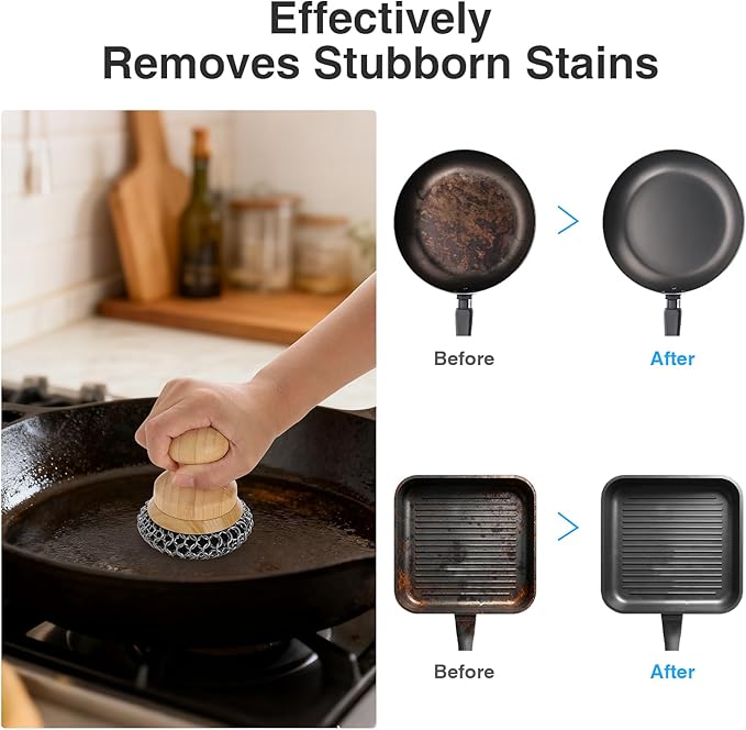 Beeptrum Cast Iron Scrubber and Scraper,Chain Mail Cleaner with Bamboo Handle & Draining Tray,316 Stainless Steel Brush for Cleaning Pots,Pans,Wok,Bakeware,Griddles, Grills(Small&Large ChainMail,2pcs)