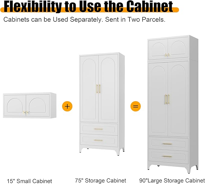 Metal Storage Cabinet with Doors and Shelves, 90" Tall Kitchen Pantry Storage Cabinets with 2 Drawer, White Pantry Closet, Steel Large Cupboard, High Leveling Feet- Assembly Required