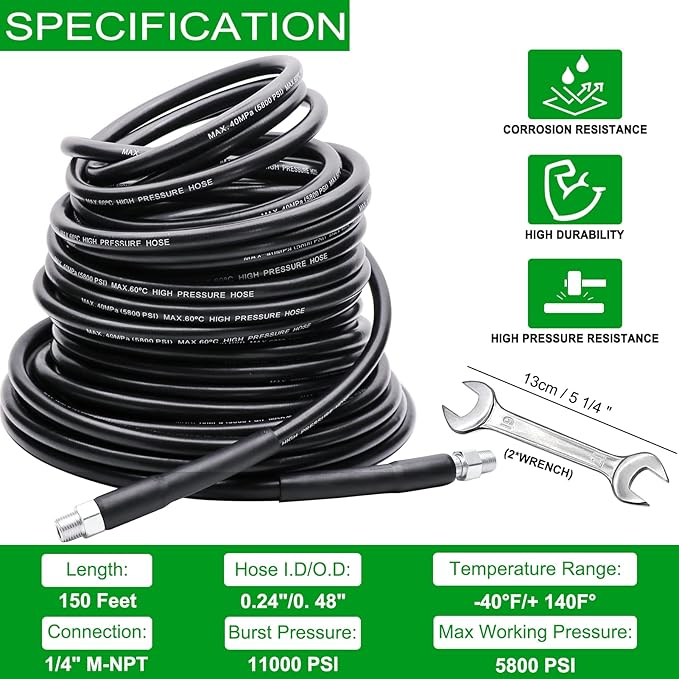 150FT Sewer Jetter Kit for Pressure Washer, 5800PSI Drain Cleaner Hose 1/4 Inch NPT, Corner, Rotating and Button Nose Sewer Jetting Nozzle Waterproof Tape Pearl Corsage Pin with 2Pcs Spanner