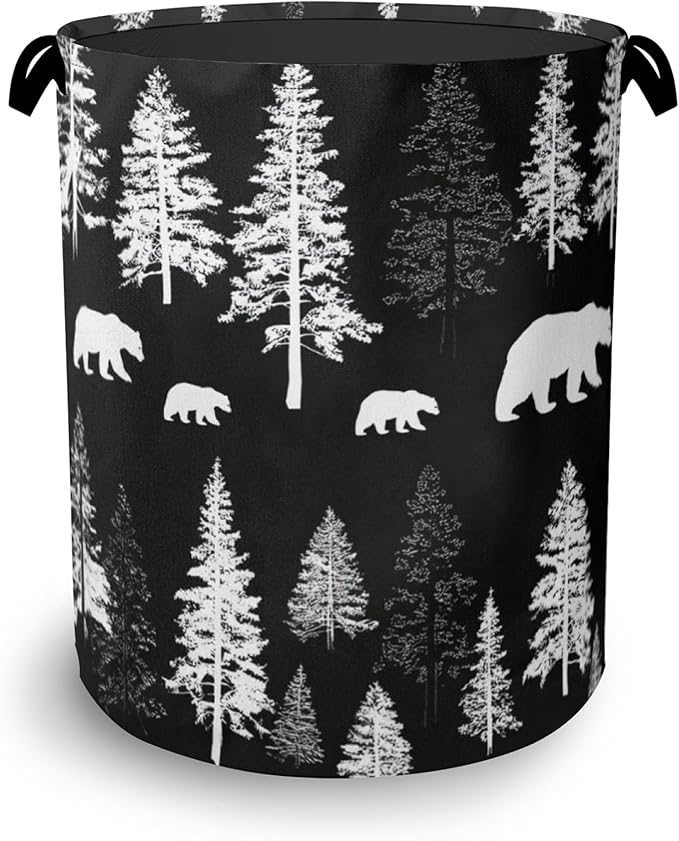 Bear Forest Laundry Basket,Winter Foldable with Handles Tote Bag Oxford Cloth for Bathroom Bedroom Dirty Clothes Storage Bucket 16" x 20.8"