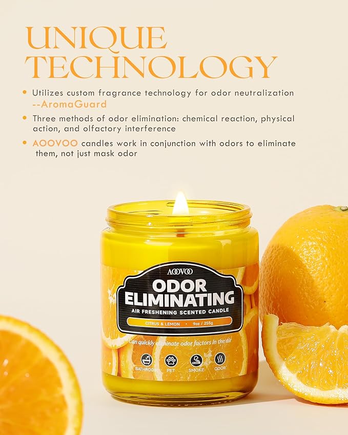 AOOVOO 4 Pack Citrus Lemon Odor Eliminating Highly Fragranced Candle - Eliminates 95% of Pet, Smoke, Food, and Other Smells Quickly, Non Toxic Air Freshing Soy Candle
