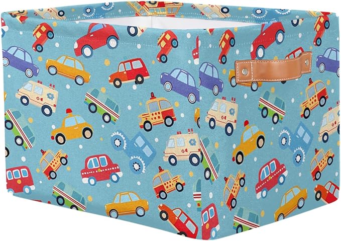 Cartoon Cars Storage Basket for Shelves, Storage Bins with Handles, Collapsible Basket for Organizing, Closet Toy Baskets for Nursery Room, 15x11x9.5 in, Canvas, Cute Cars Trucks