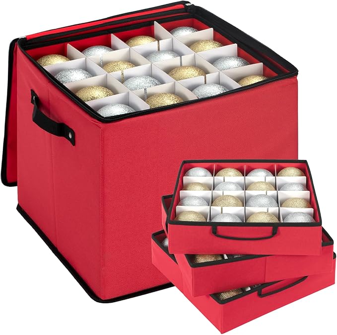 Christmas Ornament Storage Box With Adjustable Dividers,Ornament Storage Container With 4 Removable Trays for 64 Holiday Decorations,Red
