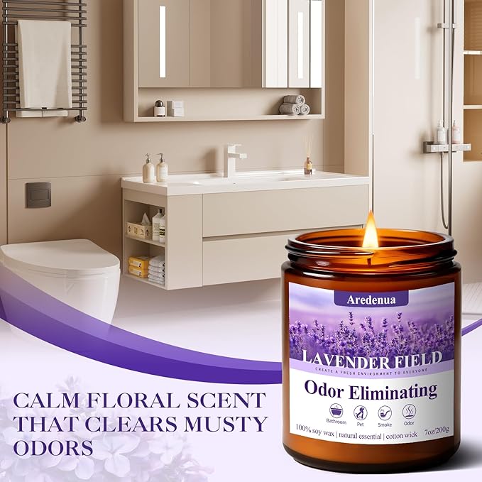 Lavender Odor Eliminating Candles | Eliminates 95% of Pet, Bad Smell & Bathroom Odors – 7oz Hand Poured Soy Candle - Aromatherapy Stress Relief Scented Candles - Relaxing Gifts for Calm & Fresh Homes