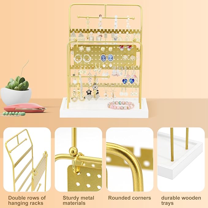 JONKASIPA Jewelry Organizer Stand Metal Jewelry Display Rack with Wooden Tray Necklace Stand Partitioned Storage for Rings, Earrings and Bracelets Jewelry Rack(Gold)