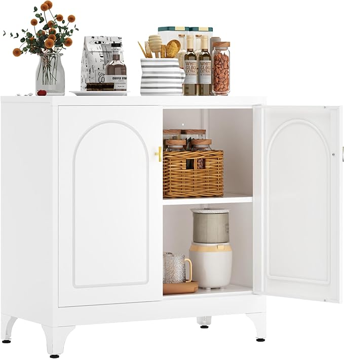 Metal Storage Cabinet with 2 Doors, 48" H White Sideboard Cabinet, Small Kitchen Pantry with Adjustable Shelf, Coffee Bar Cabinets, Storage Cabinets for Kitchen, Pantry, Living Room, Office