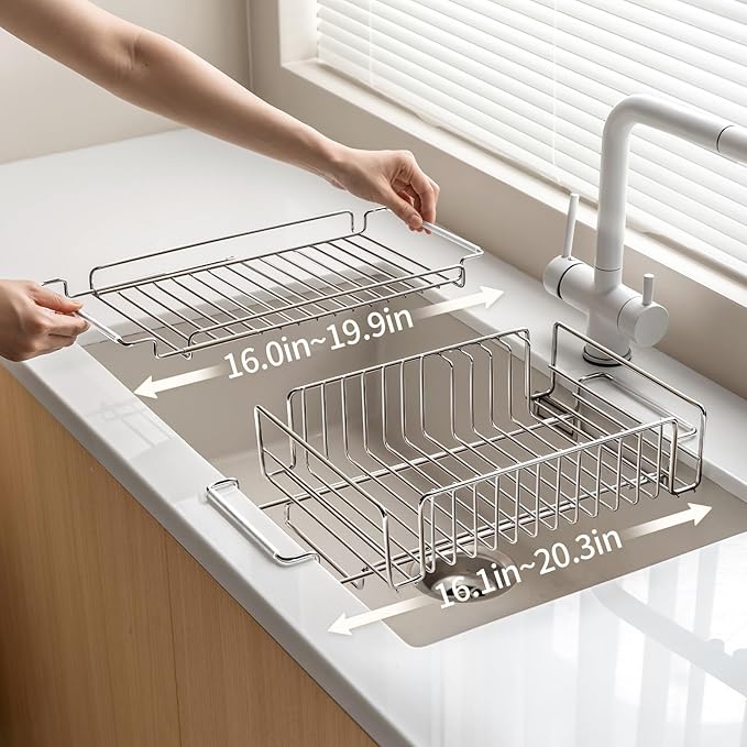 LANZYLO Expandable Stainless Steel Dish Drainers for Kitchen Counter, Dish Dryer Rack for Inside Sink, Over The Sink Dish Racks 1PCS, Silver (Large)