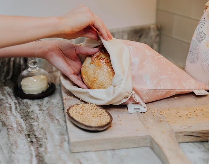 Reliable Rhodes Reusable Beeswax Bread Bag 2 Pack –12x17 Bread Bag for Homemade Sourdough, Beeswax Coated Organic Cotton Storage Bag for Loaf Baguette, Freezer Safe, Eco-Friendly Wrap Spiral Blossoms