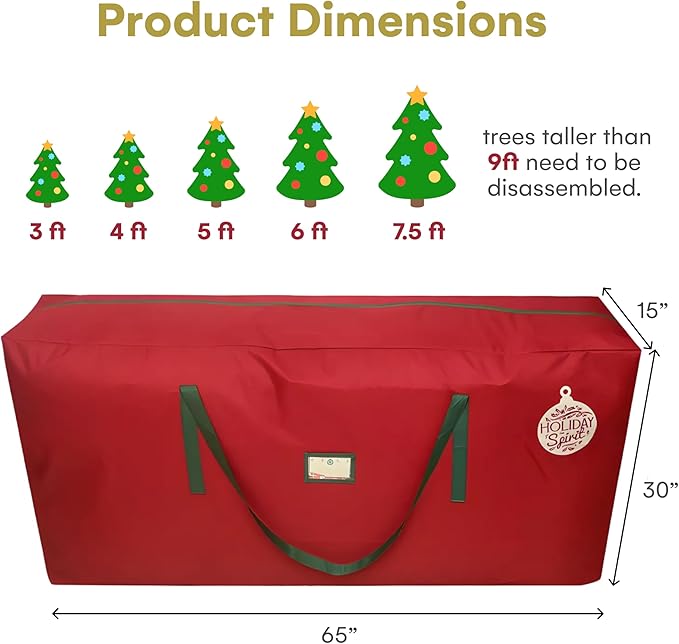 HOLIDAY SPIRIT Heavy Duty Christmas Tree Storage Bag - Waterproof 600D Oxford Canvas with Reinforced Handles and Dual Zipper for 9 Ft Tree, Red Christmas Tree Bag for Dust and Moisture Protection