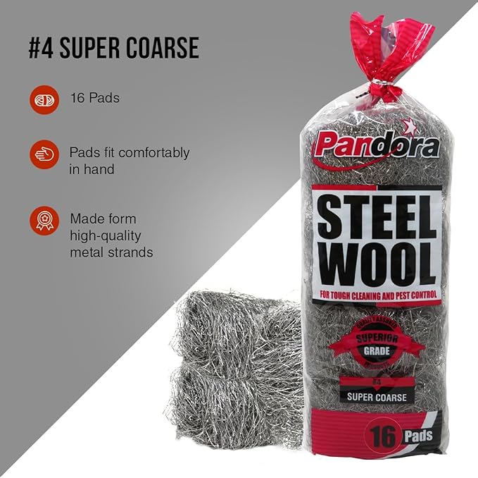 Pandora Steel Wool #4 – Extra Coarse Grade, 240 Pads for Tough Cleaning - Metal Strands - Ideal for Removing Stubborn Paint, Rust, Dirt, and Varnish